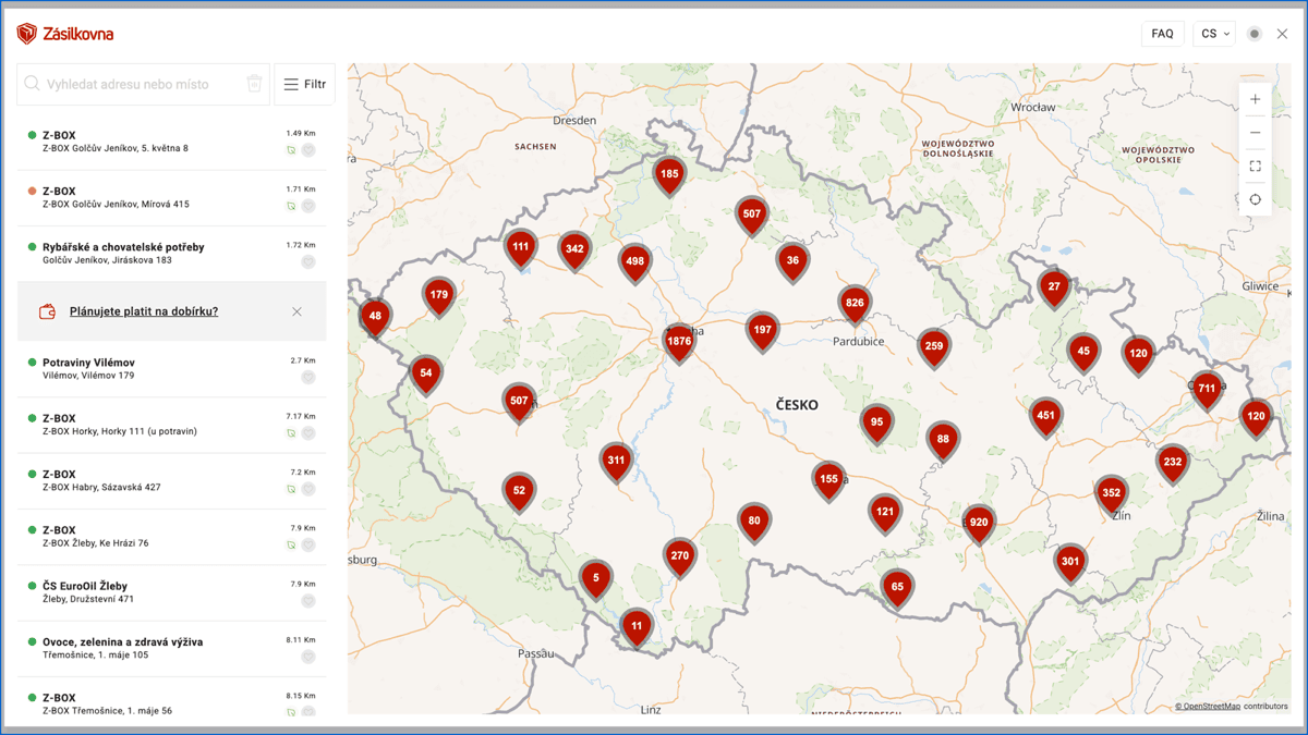 Výběr výdejního místa Zásilkovny na mapě